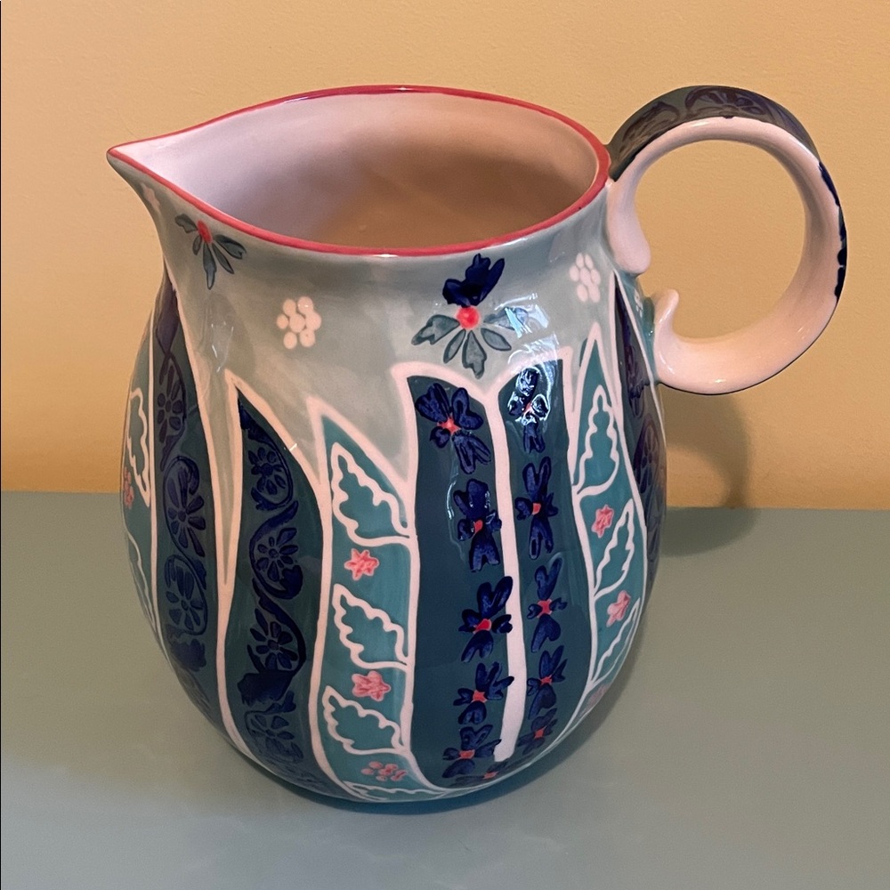 Anthropologie Adele Hand Painted Ceramic Pitcher Jug in Blue and Pink